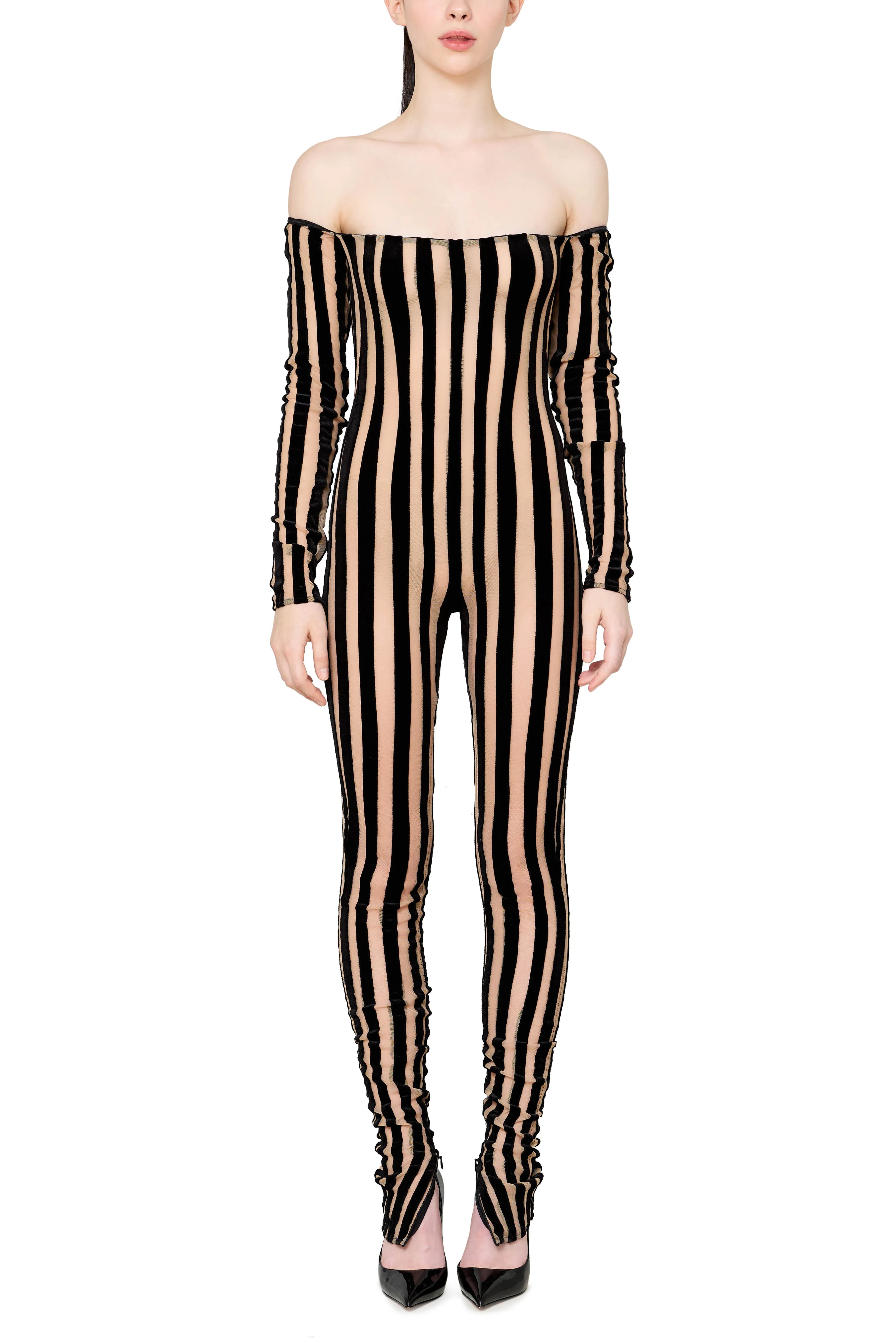 Striped Off the Shoulder Catsuit