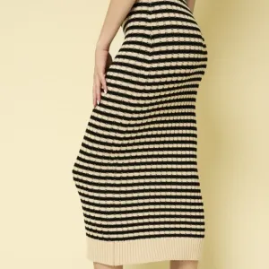 Striped Ribbed Sweater Midi Skirt