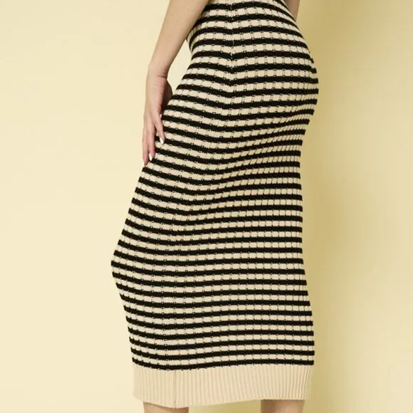 Striped Ribbed Sweater Midi Skirt