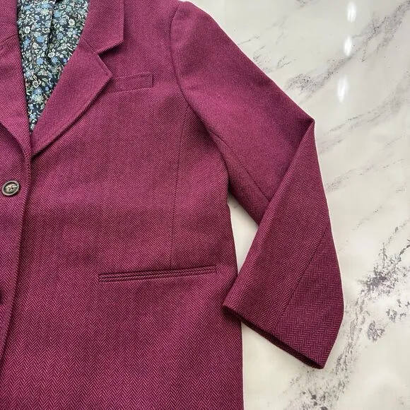 Sundance Womens Herringbone Blazer Jacket Size L Petite Dark Pink Wool Blend