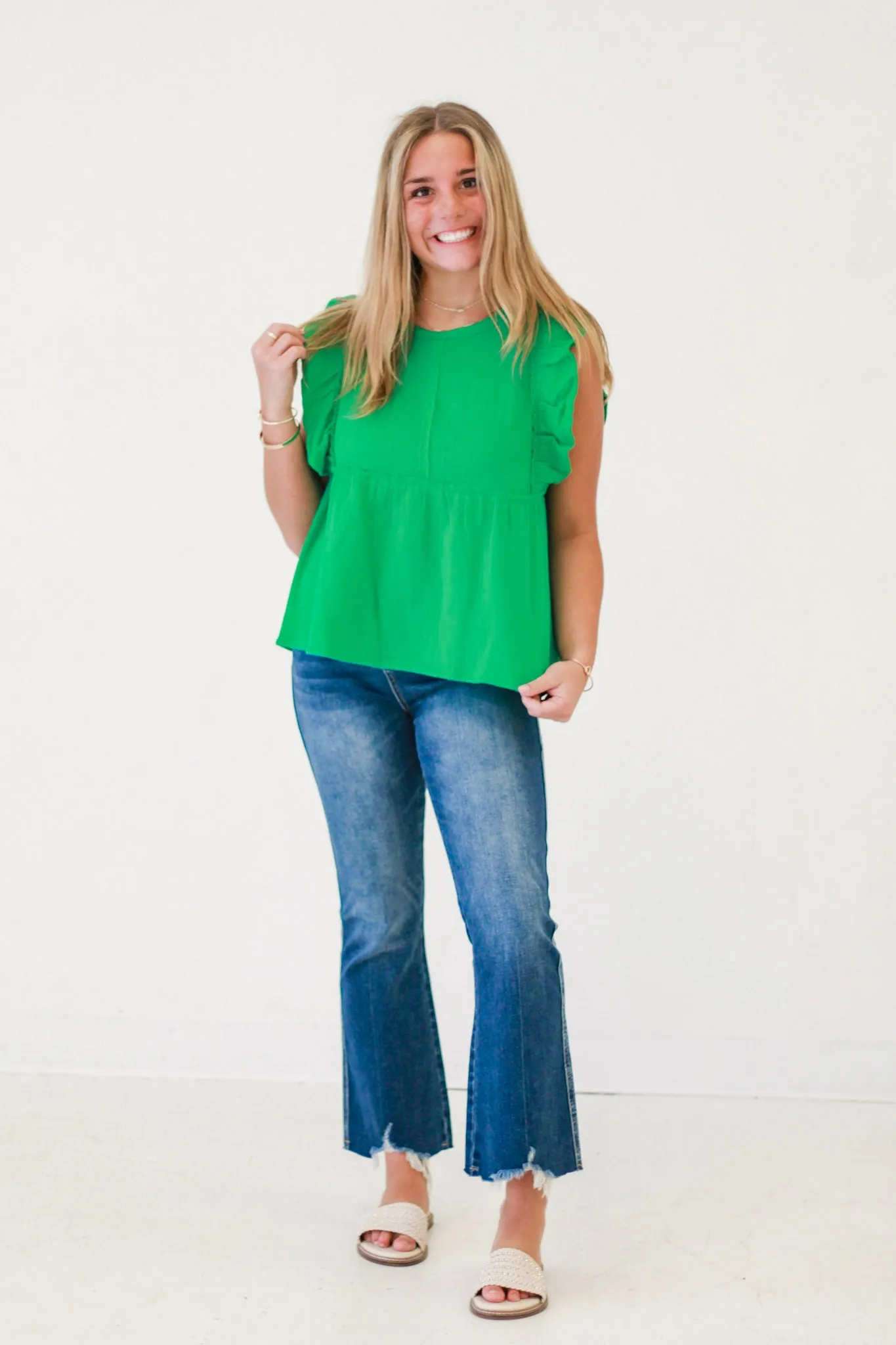 Sunny Day Delight Ruffle Sleeve Babydoll Top in Kelly Green