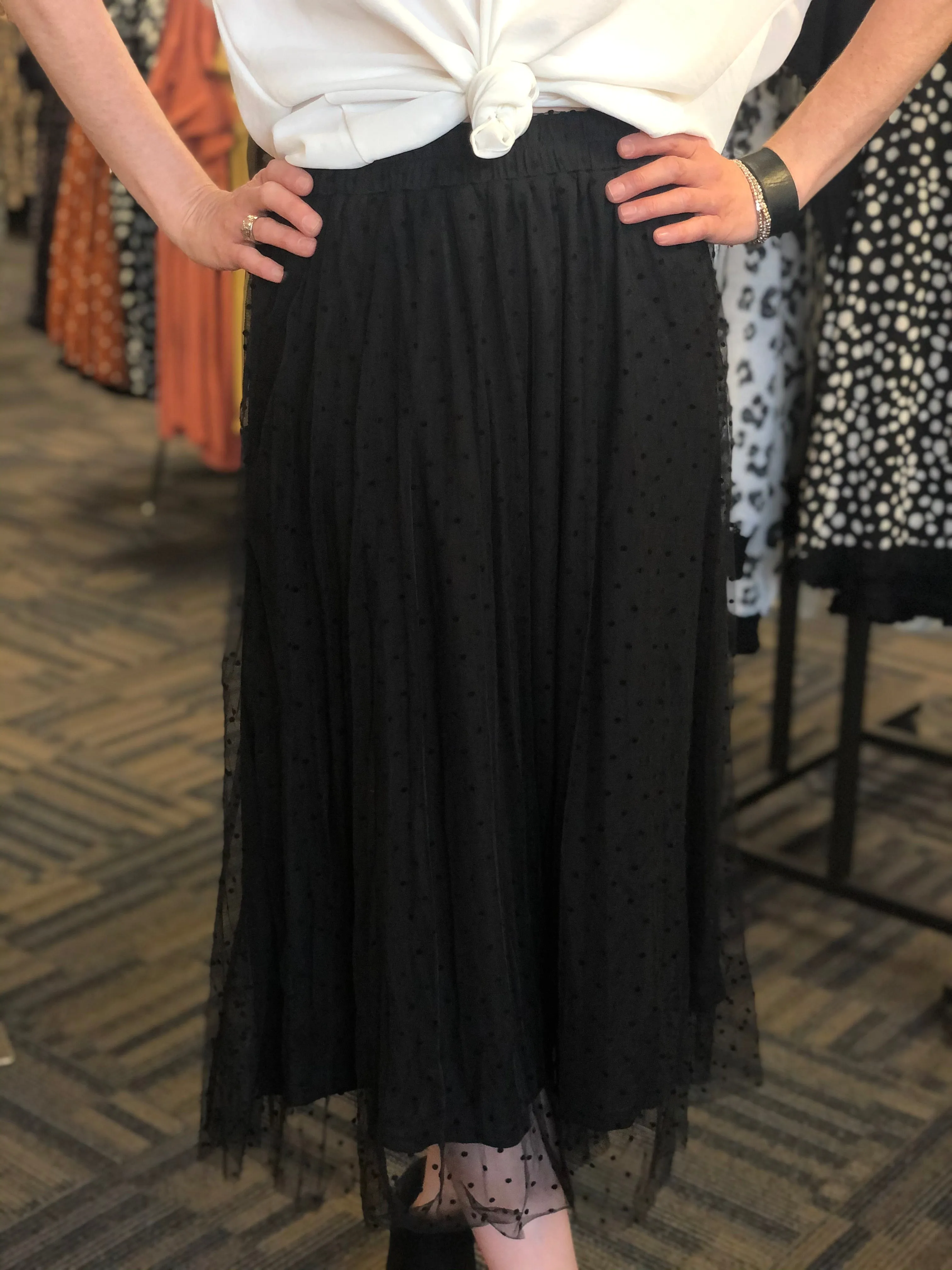 Swiss Dot Midi Skirt in Black
