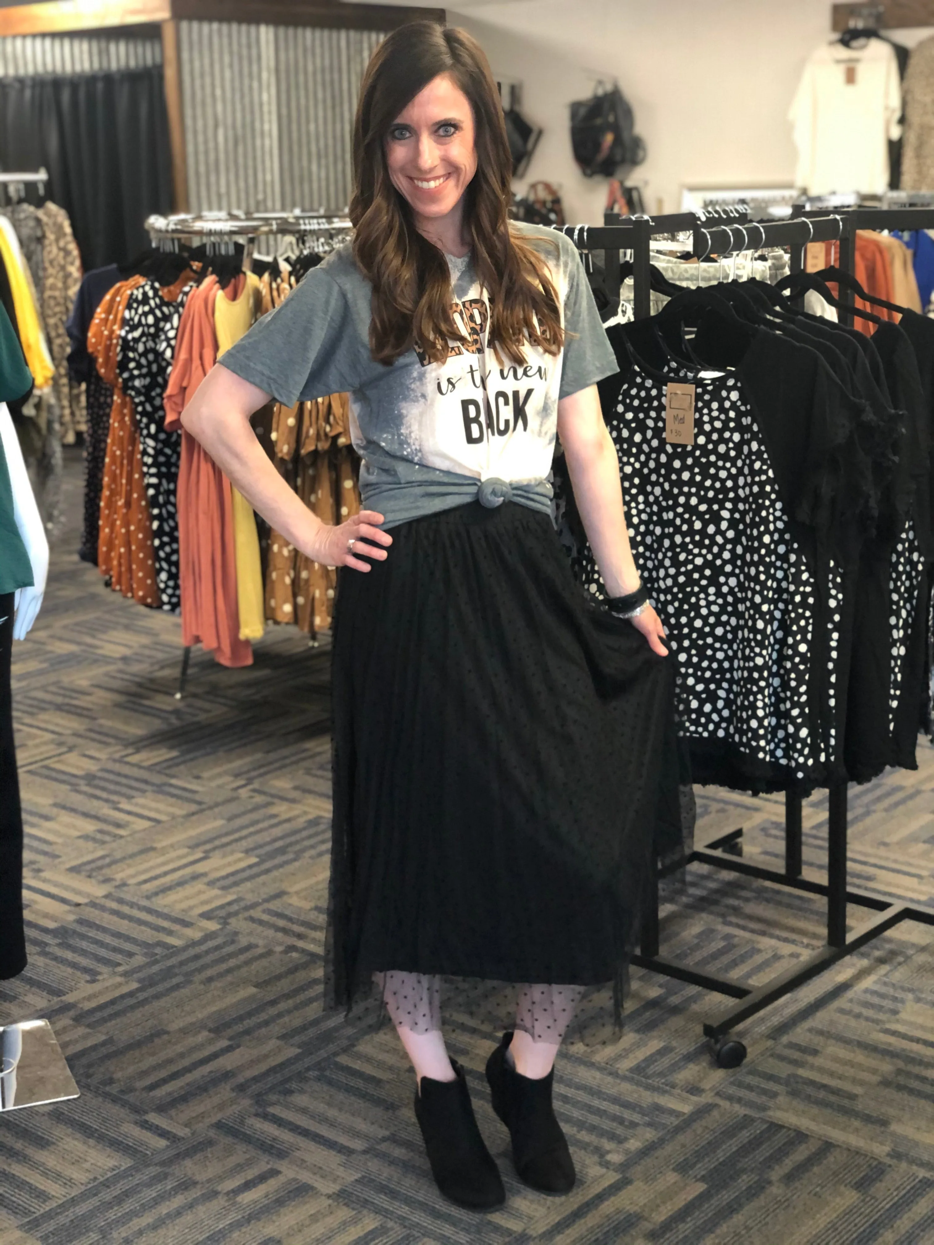 Swiss Dot Midi Skirt in Black