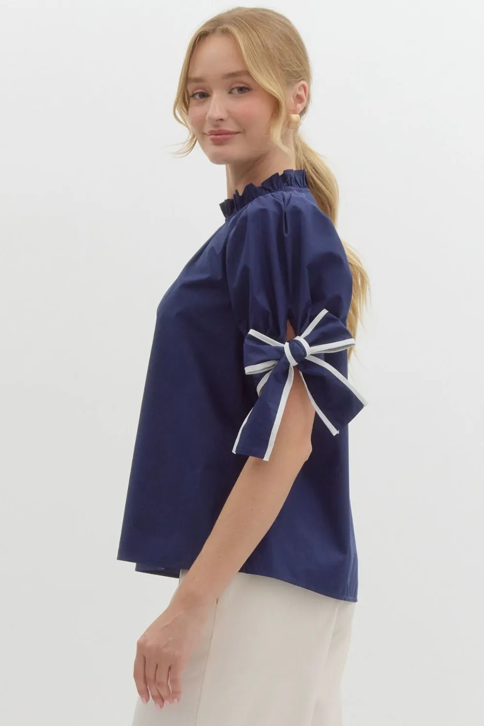 Tania Solid Mock Ruffled Neck Blouse