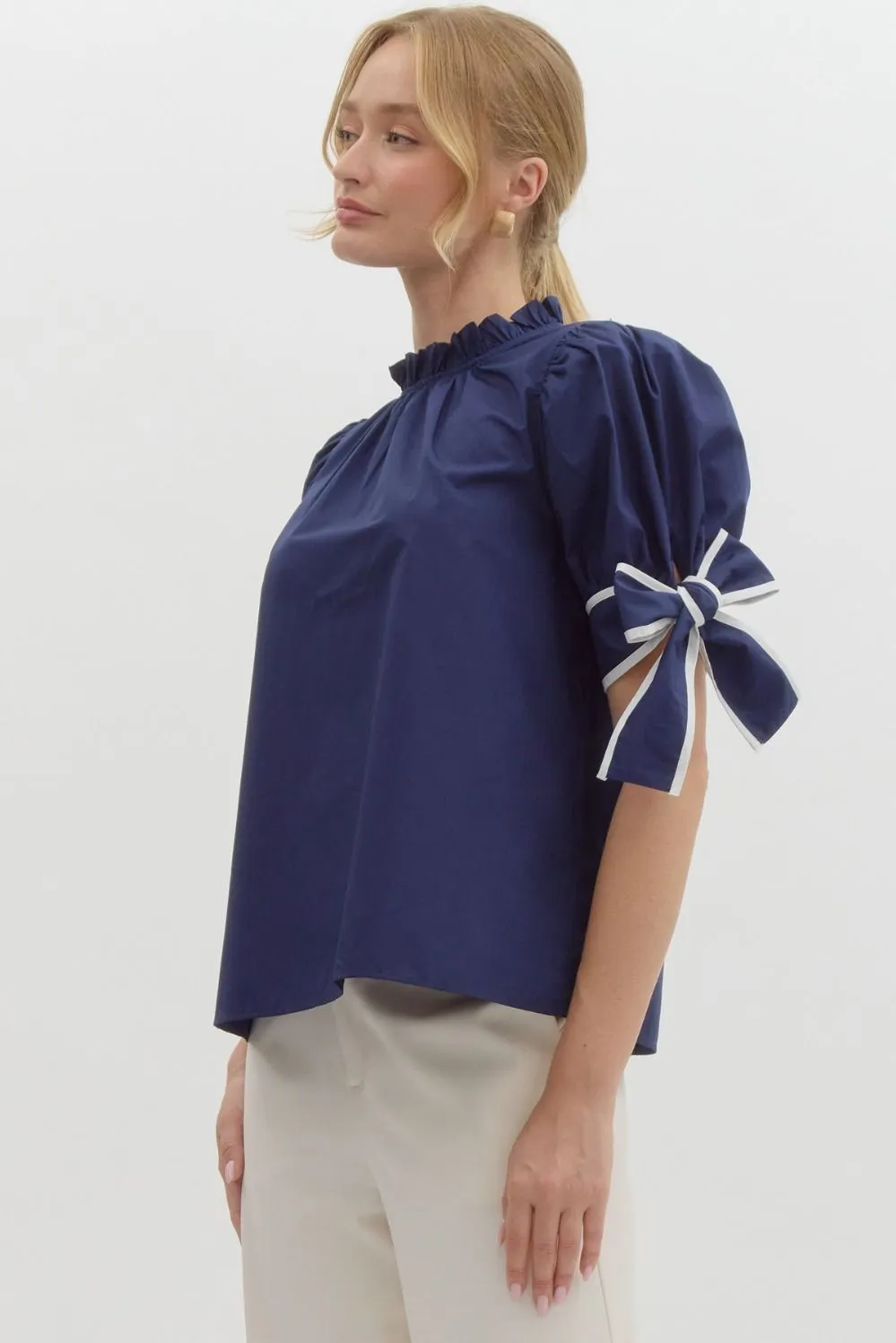 Tania Solid Mock Ruffled Neck Blouse