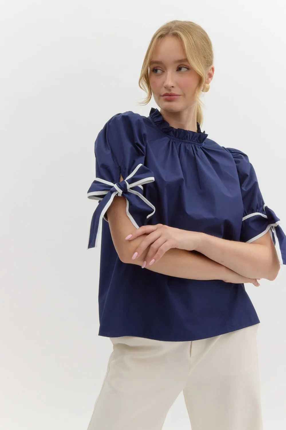 Tania Solid Mock Ruffled Neck Blouse