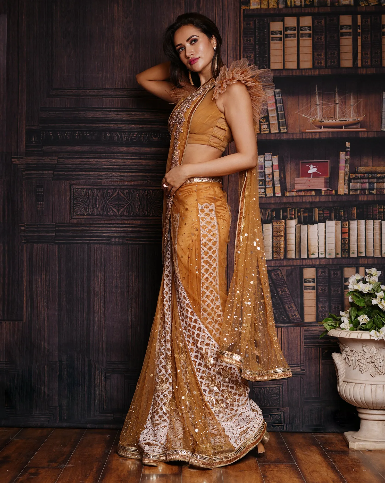 The Ruffle Gold Lucknowi Sari