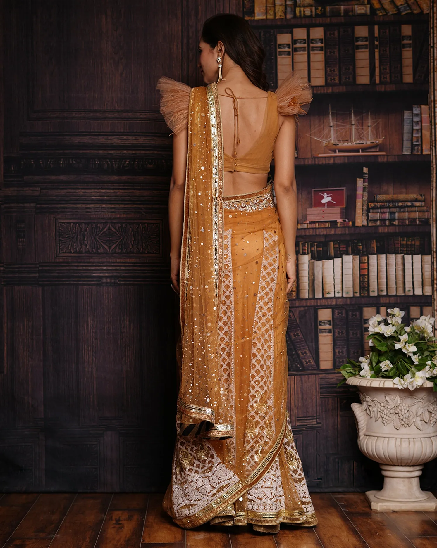 The Ruffle Gold Lucknowi Sari
