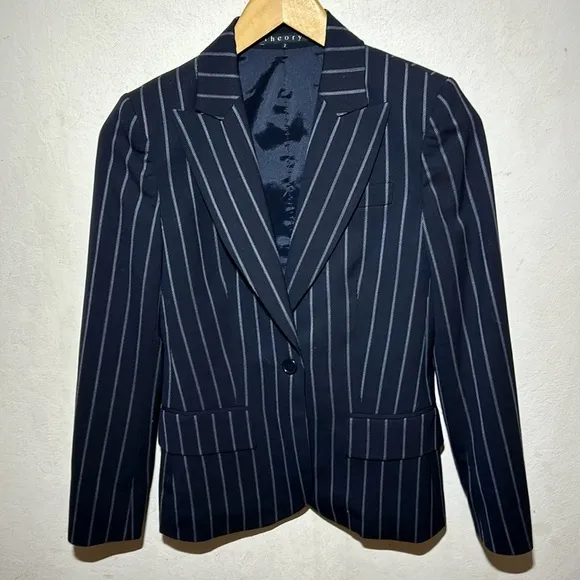 Theory Navy Pinstripe Wool Blend Classic Blazer Size 2