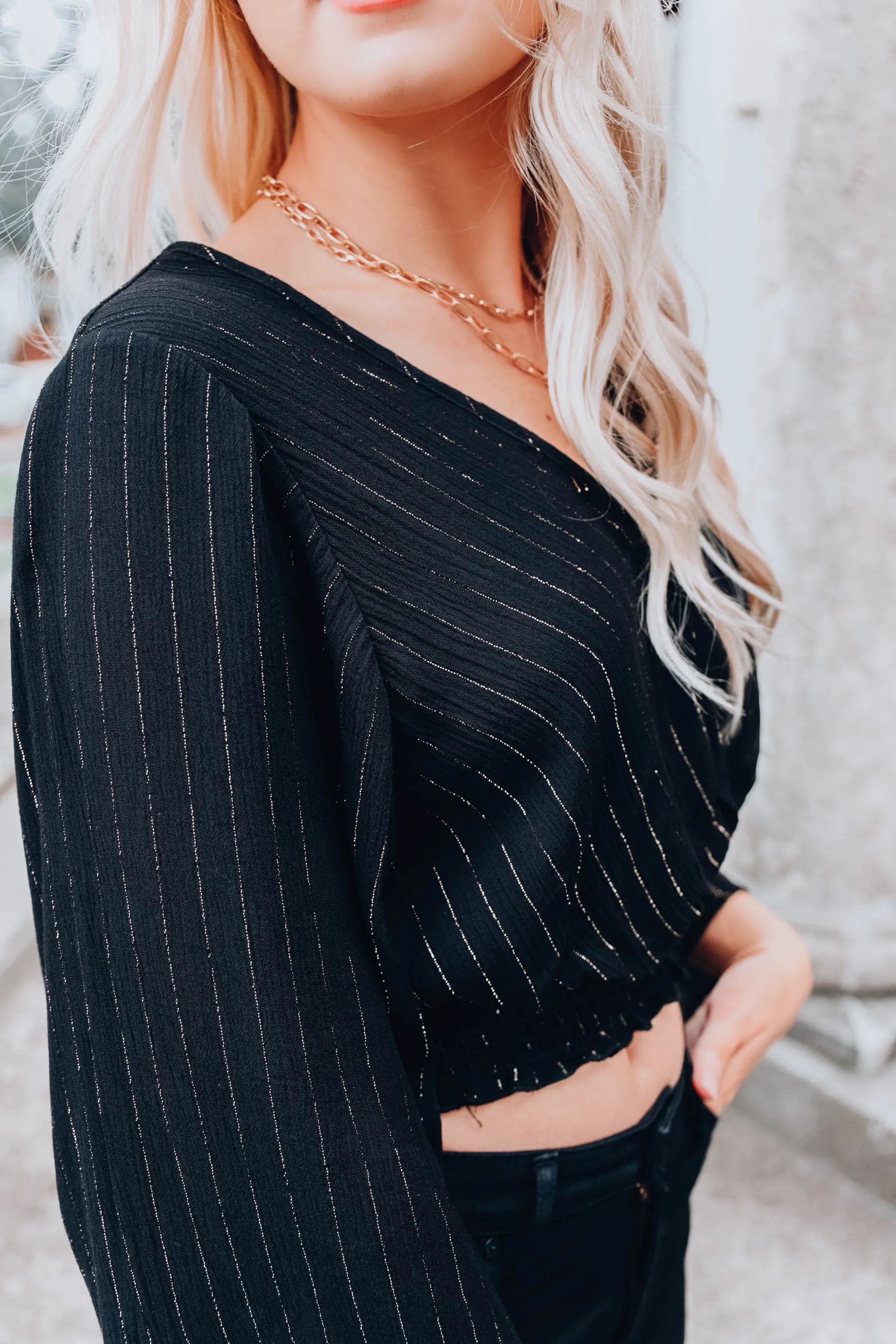Tinsel Bell Sleeve Crop Top - Black