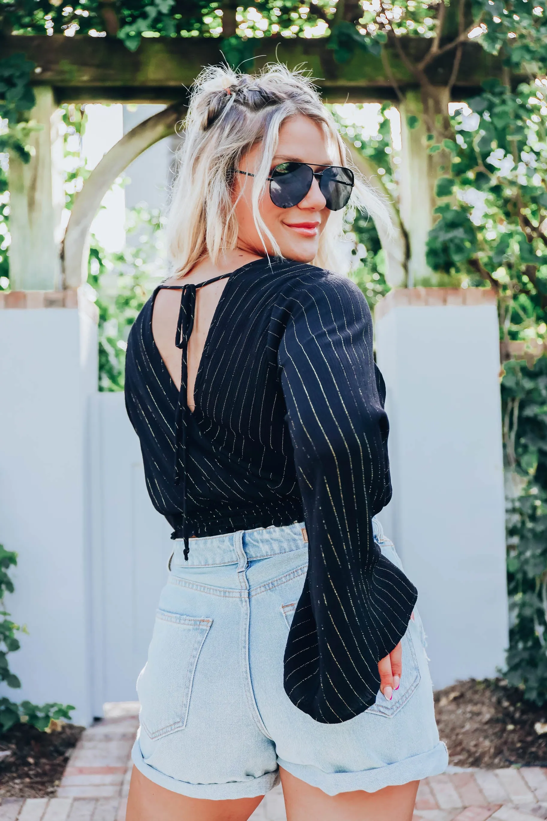 Tinsel Bell Sleeve Crop Top - Black