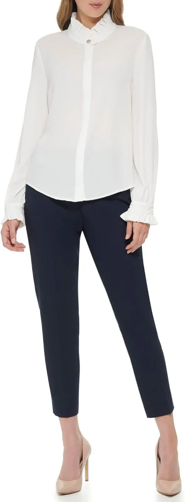Tommy Hilfiger Women's Long Sleeve Ruffle Front Blouse H28TC15A Ivory M