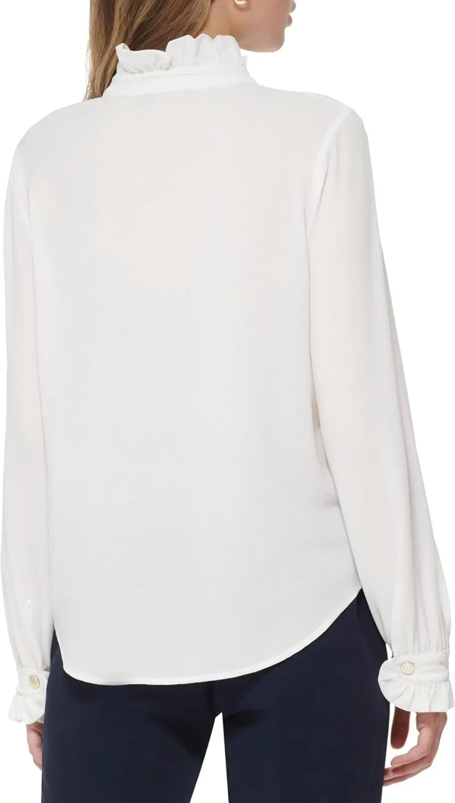Tommy Hilfiger Women's Long Sleeve Ruffle Front Blouse H28TC15A Ivory M