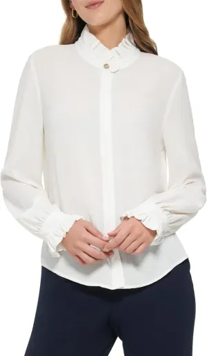Tommy Hilfiger Women's Long Sleeve Ruffle Front Blouse H28TC15A Ivory M