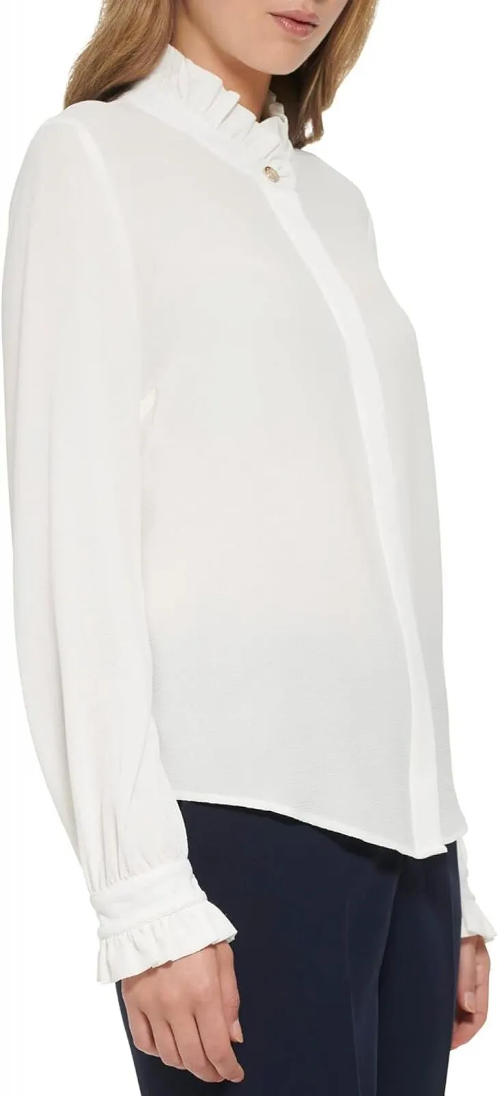 Tommy Hilfiger Women's Long Sleeve Ruffle Front Blouse H28TC15A Ivory M