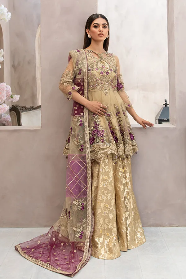 Traditional Embroidered Pakistani Party Dress in Peplum Frock and Gharara Style for Eid