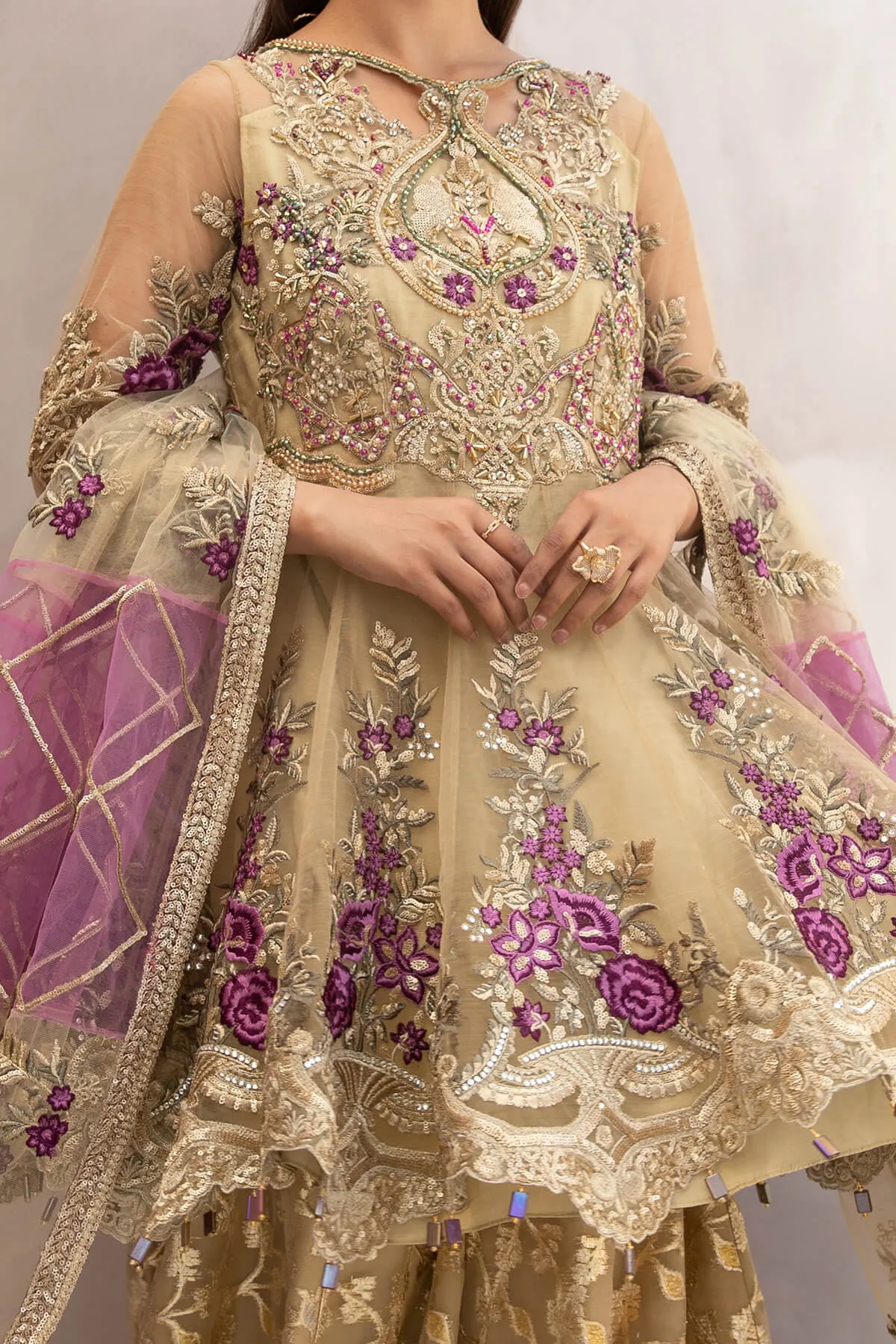 Traditional Embroidered Pakistani Party Dress in Peplum Frock and Gharara Style for Eid