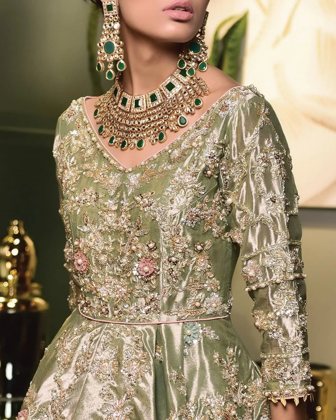 Traditional Green Peplum Lehenga Pakistani Bridal Dress