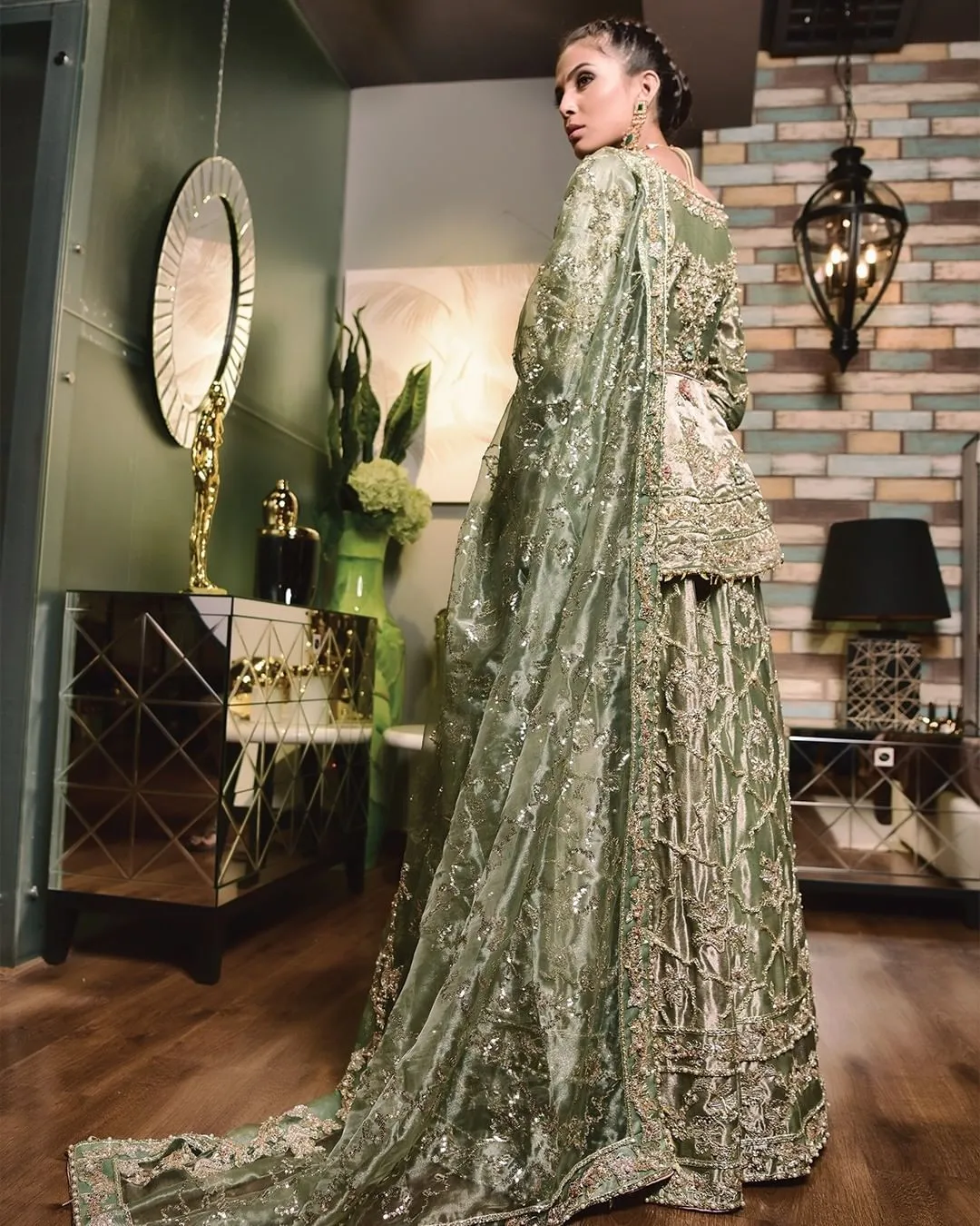 Traditional Green Peplum Lehenga Pakistani Bridal Dress