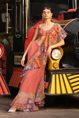 Tropical Peach Juna Organza Printed And Embellished Ruffle Saree And Blouse