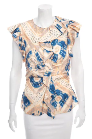 Ulla Johnson Beige & Blue Silk Ruffle Printed Blouse SZ 4