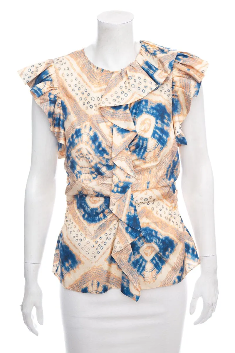 Ulla Johnson Beige & Blue Silk Ruffle Printed Blouse SZ 4
