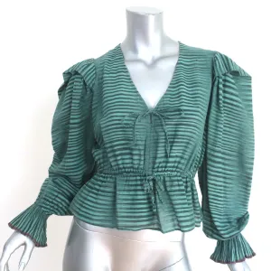 Ulla Johnson Ophelia Peplum Top Teal Striped Cotton Size 0 Long Sleeve Blouse