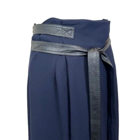 Vince Blue Belted Wrap Midi Skirt Faux Leather Belt Raw Hem Size 4