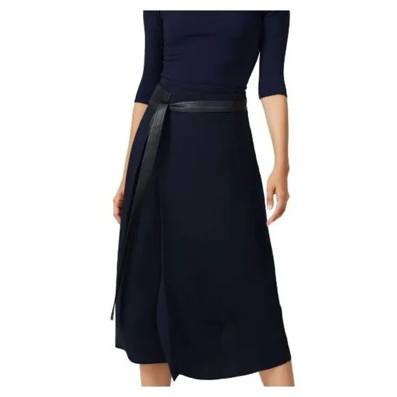 Vince Blue Belted Wrap Midi Skirt Faux Leather Belt Raw Hem Size 4