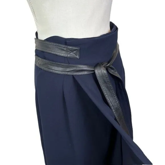 Vince Blue Belted Wrap Midi Skirt Faux Leather Belt Raw Hem Size 4