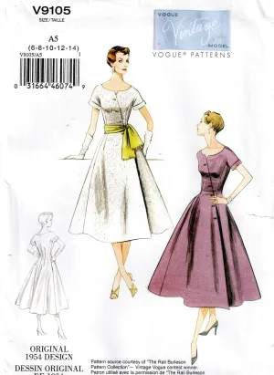 Vintage 1950s Model Vogue V9105 Womens Asymmetric Full Skirt Dress & Sash Out Of Print Sewing Pattern Size 6 - 14 UNCUT Factory Folded