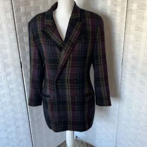 Vintage 90s KL by Karl Lagerfeld Plaid Double Breasted Blazer Wool Purple and Gr