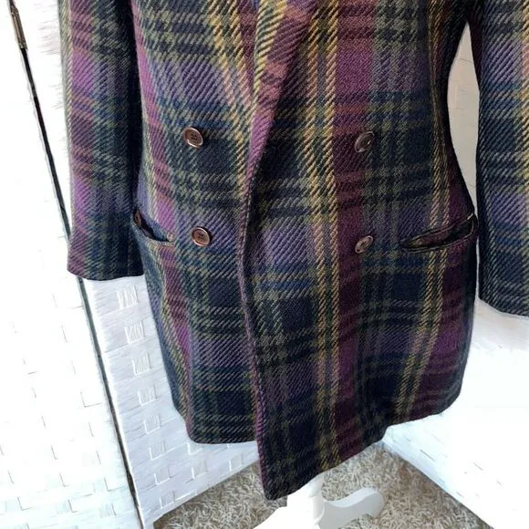 Vintage 90s KL by Karl Lagerfeld Plaid Double Breasted Blazer Wool Purple and Gr