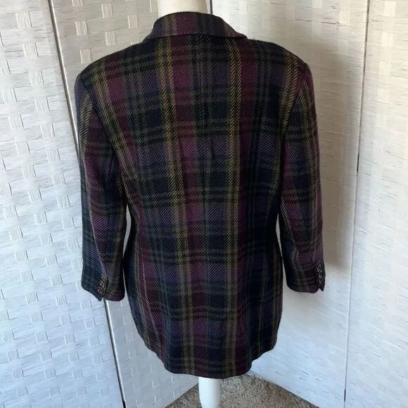 Vintage 90s KL by Karl Lagerfeld Plaid Double Breasted Blazer Wool Purple and Gr