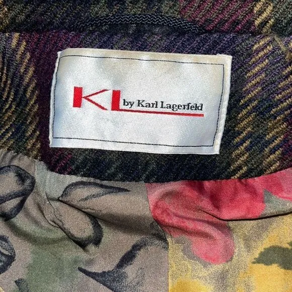 Vintage 90s KL by Karl Lagerfeld Plaid Double Breasted Blazer Wool Purple and Gr