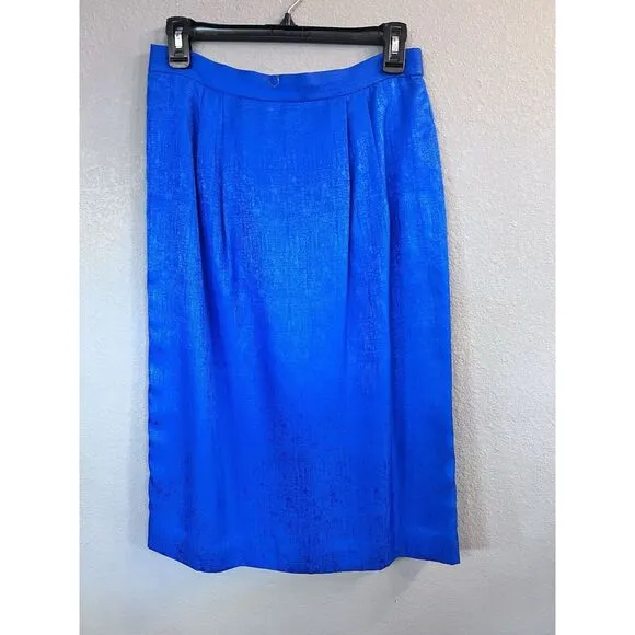 Vintage Adrianna Papell Lined Silk Cerulean Blue Blazer &amp; Skirt Suit Size 10