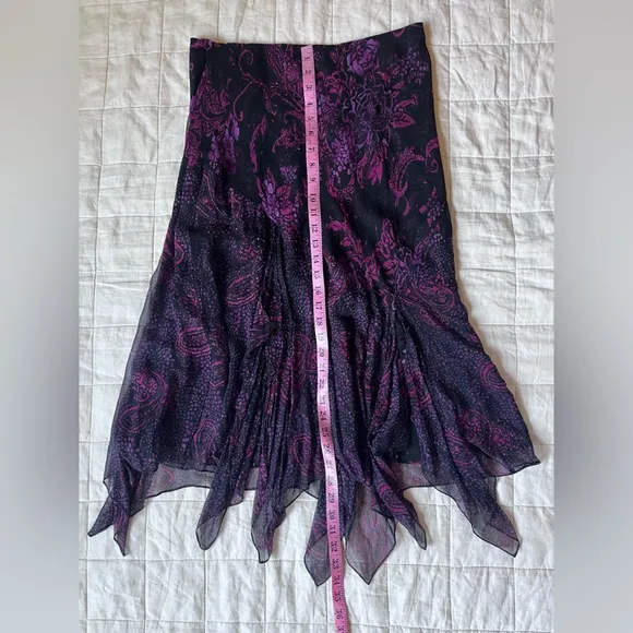 Vintage Black Purple Floral Beaded Handkerchief Hem Midi Skirt Fairygrunge - 14