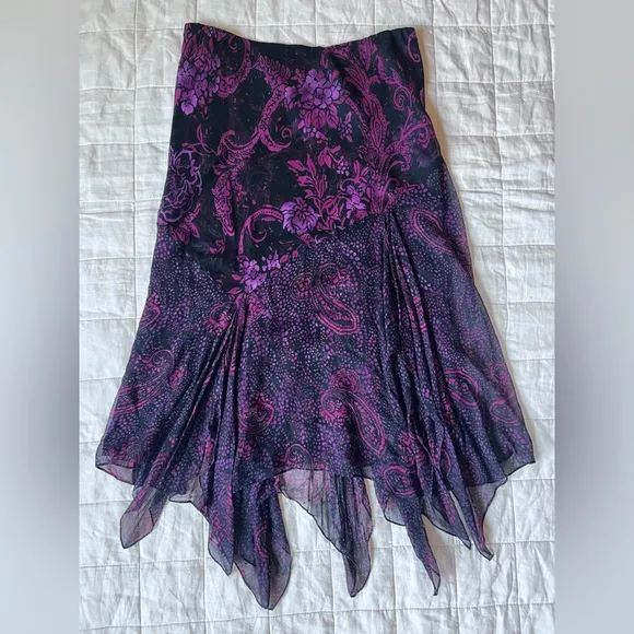 Vintage Black Purple Floral Beaded Handkerchief Hem Midi Skirt Fairygrunge - 14