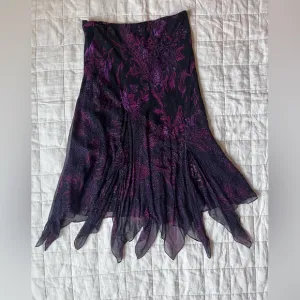 Vintage Black Purple Floral Beaded Handkerchief Hem Midi Skirt Fairygrunge - 14