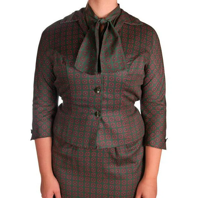 Vintage Ladies Cotton  Dress & Jacket Green & Red Print Peck & Peck 39-29-41