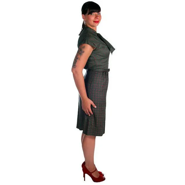 Vintage Ladies Cotton  Dress & Jacket Green & Red Print Peck & Peck 39-29-41