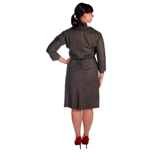 Vintage Ladies Cotton  Dress & Jacket Green & Red Print Peck & Peck 39-29-41