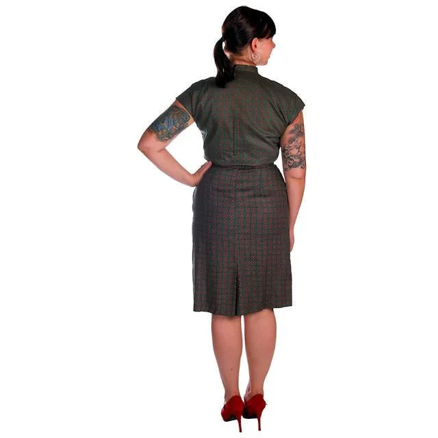Vintage Ladies Cotton  Dress & Jacket Green & Red Print Peck & Peck 39-29-41