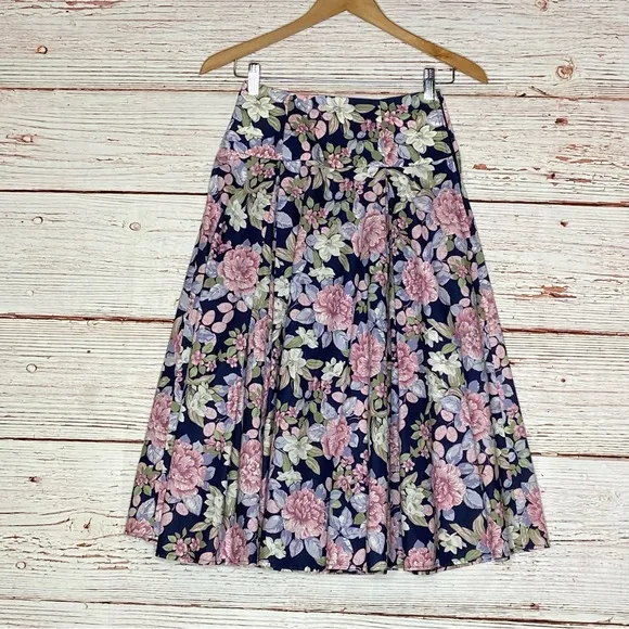 Vintage Laura Ashley A-Line Floral Midi Skirt Sz 8