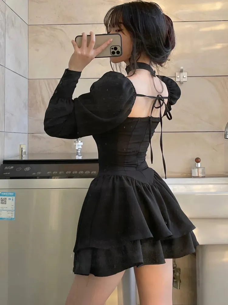 Vintage Lolita 3-Piece Skirt Set Long-Sleeve Square Neck Plain Peplum Slim Fit Blouse   Elastic Waist Mini A-Line Skirt   Choker