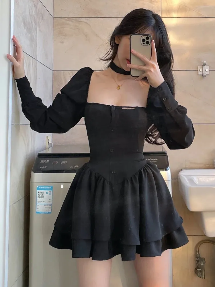 Vintage Lolita 3-Piece Skirt Set Long-Sleeve Square Neck Plain Peplum Slim Fit Blouse   Elastic Waist Mini A-Line Skirt   Choker
