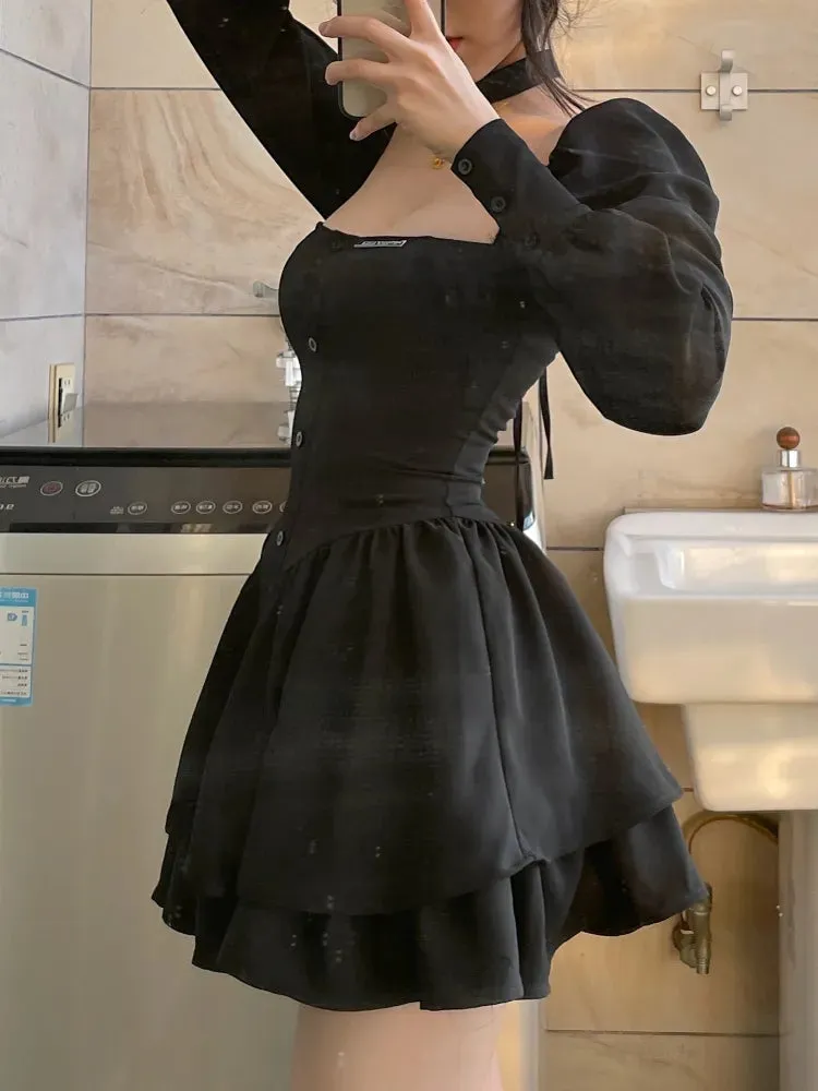 Vintage Lolita 3-Piece Skirt Set Long-Sleeve Square Neck Plain Peplum Slim Fit Blouse   Elastic Waist Mini A-Line Skirt   Choker