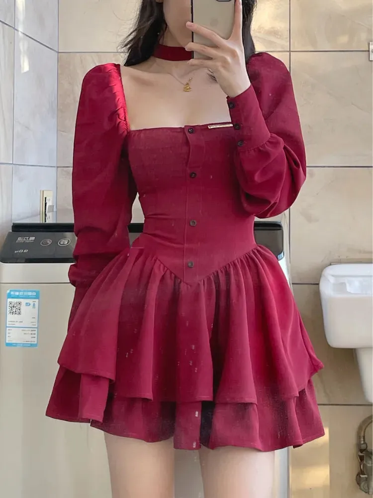 Vintage Lolita 3-Piece Skirt Set Long-Sleeve Square Neck Plain Peplum Slim Fit Blouse   Elastic Waist Mini A-Line Skirt   Choker