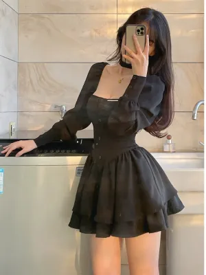 Vintage Lolita 3-Piece Skirt Set Long-Sleeve Square Neck Plain Peplum Slim Fit Blouse   Elastic Waist Mini A-Line Skirt   Choker