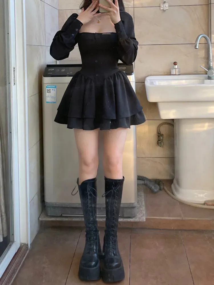 Vintage Lolita 3-Piece Skirt Set Long-Sleeve Square Neck Plain Peplum Slim Fit Blouse   Elastic Waist Mini A-Line Skirt   Choker